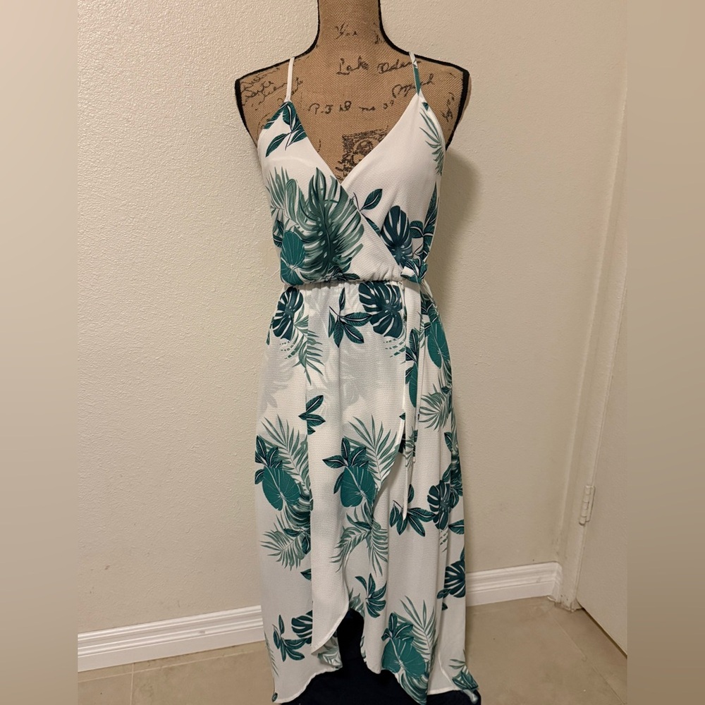 Dream of Me Tropical Green and White Leaf Print Wrap Dress